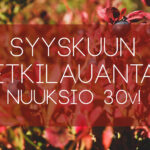 Marraskuun Retkilauantain banneri, jossa teksti Retkilauantain teemasta: Nuuksio 30 vuotta!