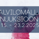 Taustalla: Tyttö pinkissä takissa ja tupsupipossa heittää lunta. Etualalla teksti: Talvilomalla Nuuksioon 15. - 23.2.2025