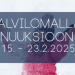 Taustalla: Tyttö pinkissä takissa ja tupsupipossa heittää lunta. Etualalla teksti: Talvilomalla Nuuksioon 15. - 23.2.2025